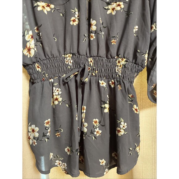 Rue 21 Womans Top Tunic XL Gray Cream Floral Convert Sleeve Zip Elastic Waist - Picture 2 of 6